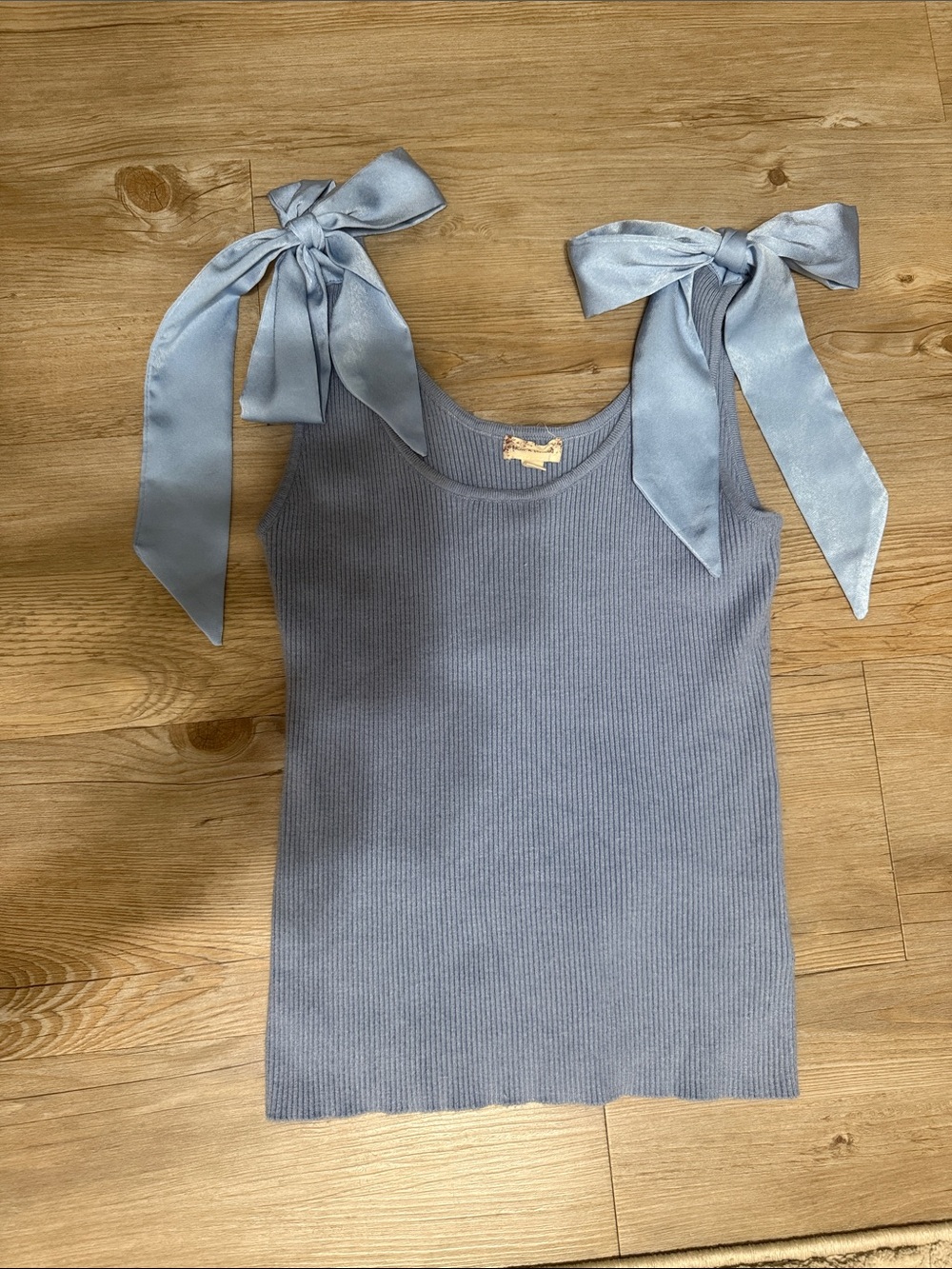 Hem & Thread Ribbed Tank with Satin Tie Straps - Light Blue